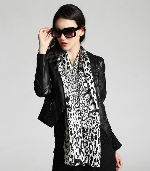 Luxury women autumn and winter long 100% mulberry silk leopard print scarf shawl - Black