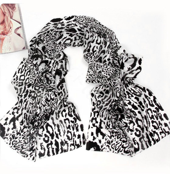 Luxury women autumn and winter long 100% mulberry silk leopard print scarf shawl - Black