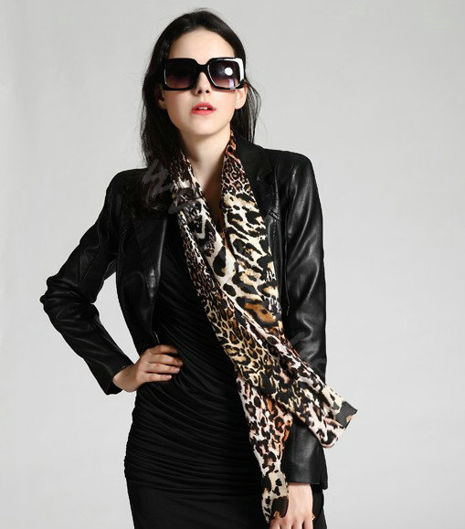 Luxury women autumn and winter long 100% mulberry silk leopard print scarf shawl - Coffee