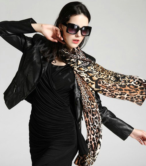 Luxury women autumn and winter long 100% mulberry silk leopard print scarf shawl - Coffee