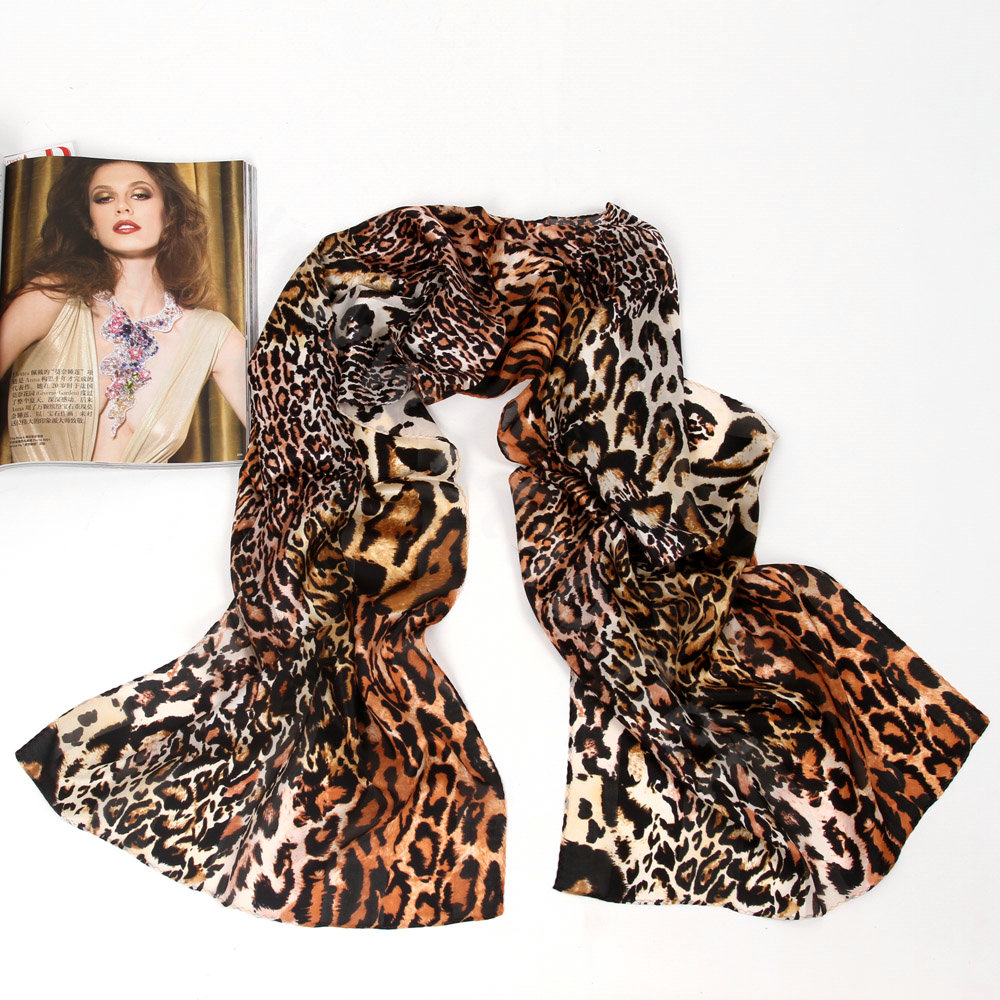 Luxury women autumn and winter long 100% mulberry silk leopard print scarf shawl - Coffee