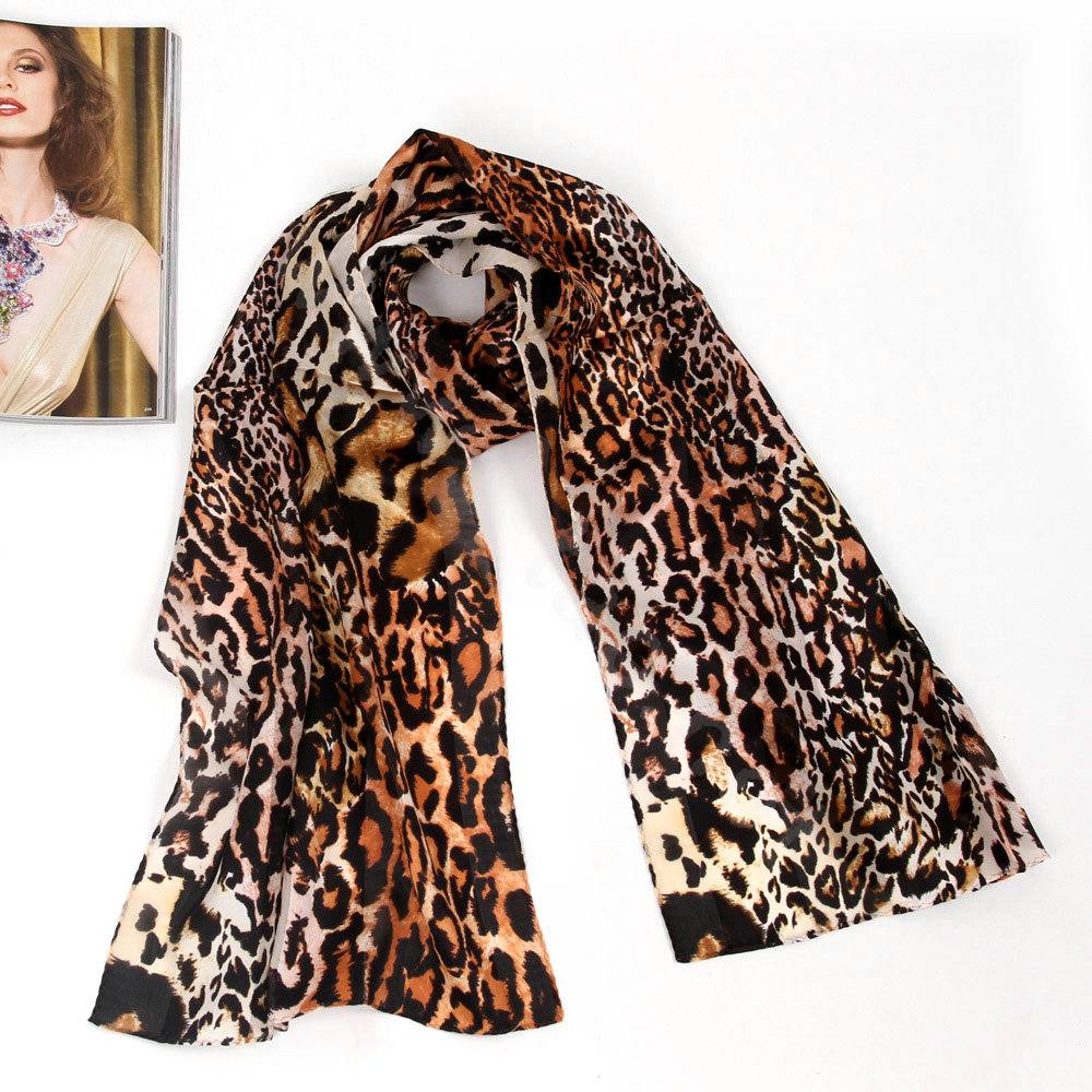 Luxury women autumn and winter long 100% mulberry silk leopard print scarf shawl - Coffee