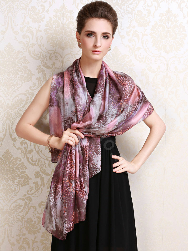 Luxury women autumn and winter long 100% mulberry silk leopard print scarf shawl - Pink