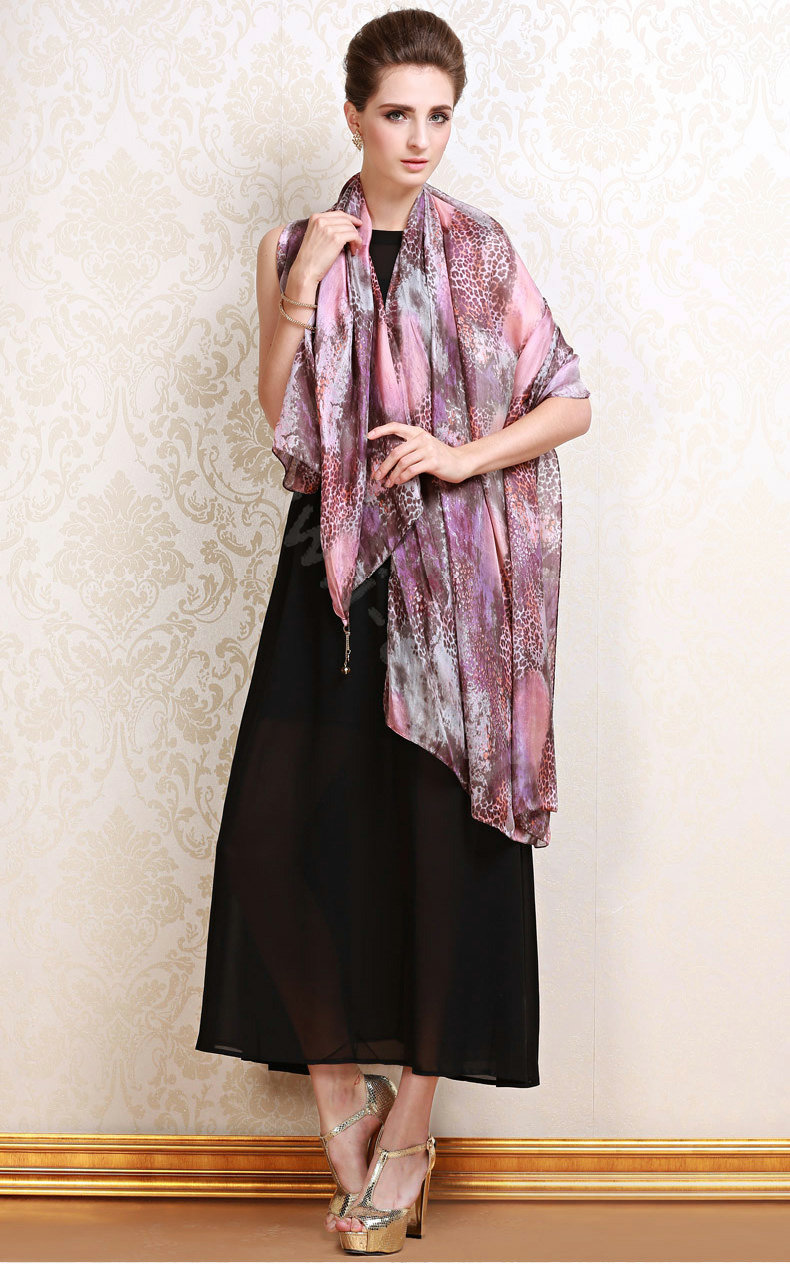 Luxury women autumn and winter long 100% mulberry silk leopard print scarf shawl - Pink