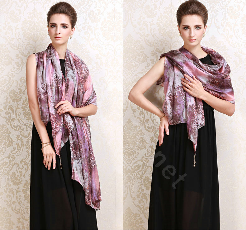 Luxury women autumn and winter long 100% mulberry silk leopard print scarf shawl - Pink