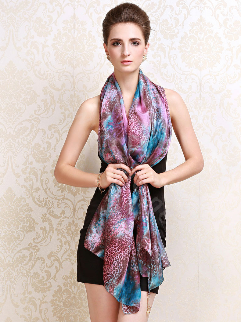 Luxury women autumn and winter long 100% mulberry silk leopard print scarf shawl - Purple