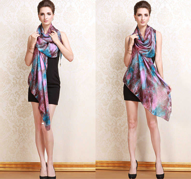 Luxury women autumn and winter long 100% mulberry silk leopard print scarf shawl - Purple
