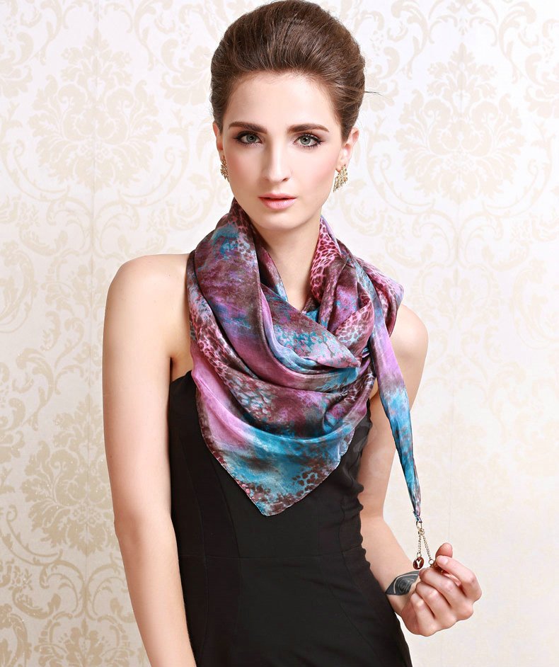 Luxury women autumn and winter long 100% mulberry silk leopard print scarf shawl - Purple