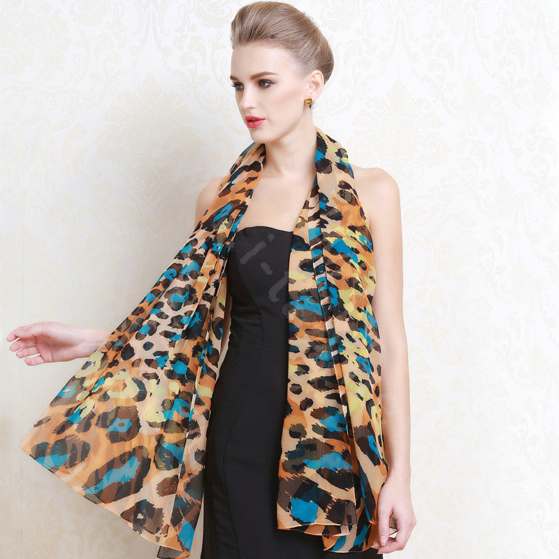 Luxury women autumn and winter long 100% mulberry silk leopard print scarf shawl - Yellow