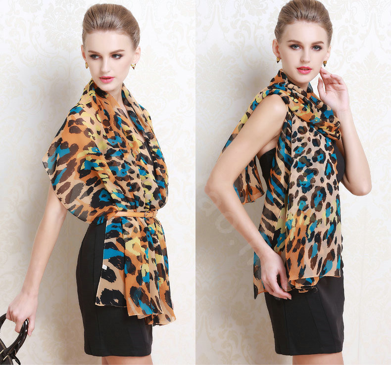 Luxury women autumn and winter long 100% mulberry silk leopard print scarf shawl - Yellow