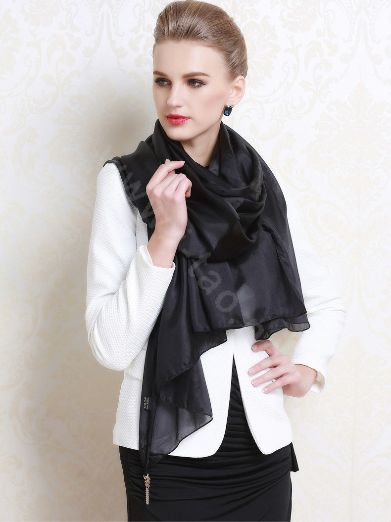 Luxury women autumn and winter long 100% mulberry silk solid color scarf shawl wrap - Black