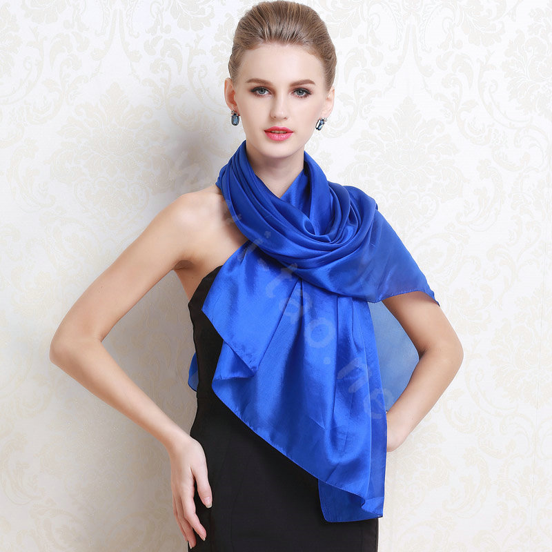 Luxury women autumn and winter long 100% mulberry silk solid color scarf shawl wrap - Blue