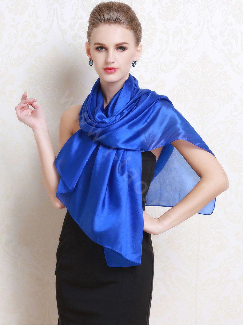 Luxury women autumn and winter long 100% mulberry silk solid color scarf shawl wrap - Blue