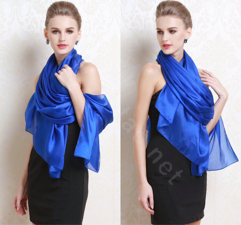 Luxury women autumn and winter long 100% mulberry silk solid color scarf shawl wrap - Blue