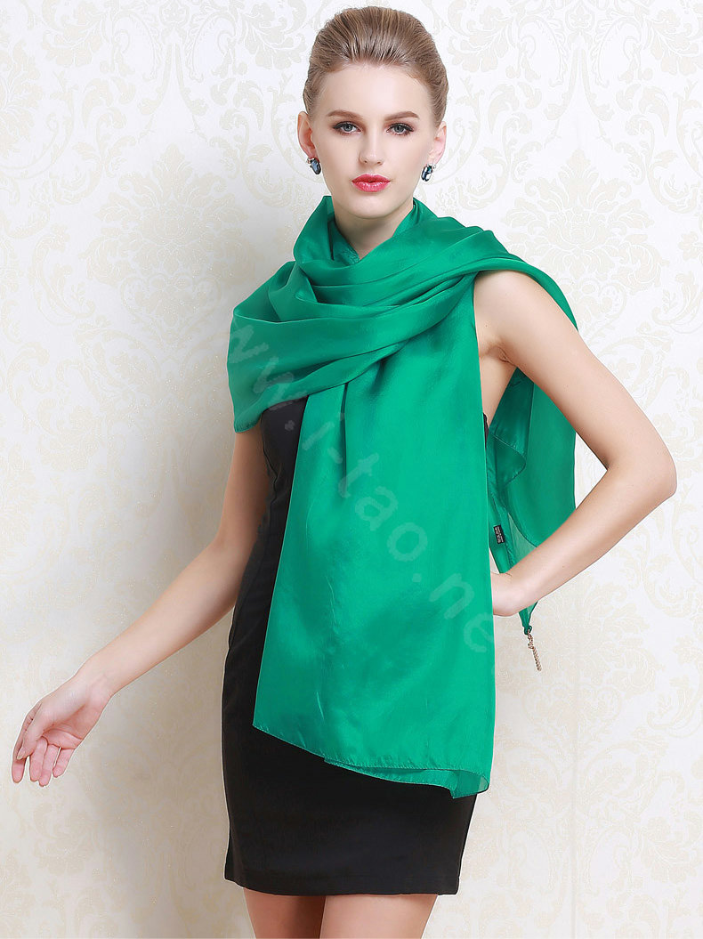 Luxury women autumn and winter long 100% mulberry silk solid color scarf shawl wrap - Green