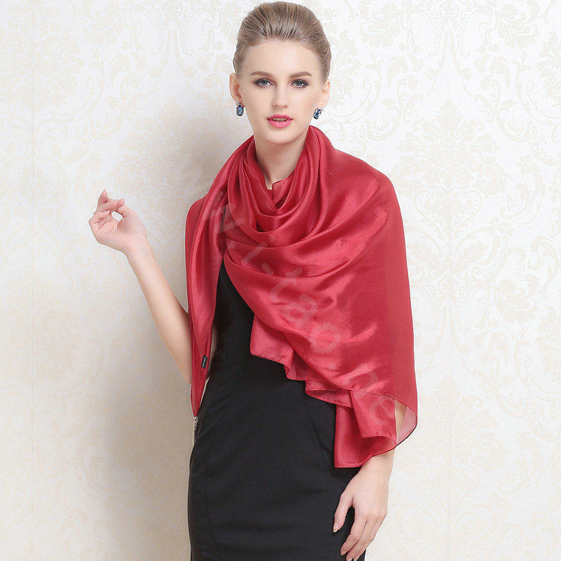 Luxury women autumn and winter long 100% mulberry silk solid color scarf shawl wrap - Red