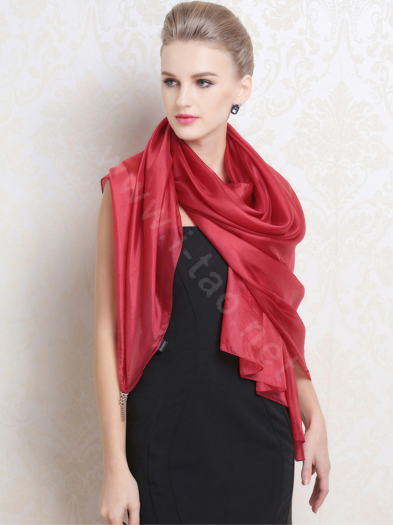 Luxury women autumn and winter long 100% mulberry silk solid color scarf shawl wrap - Red