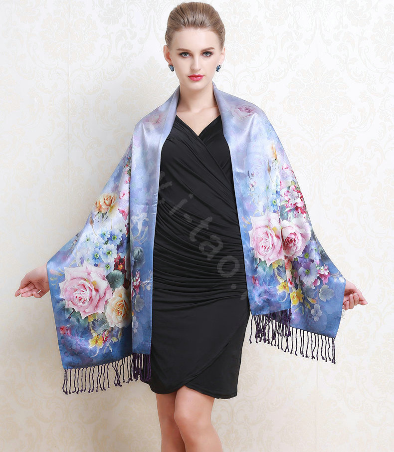 Luxury women autumn and winter warm long 100% mulberry silk flower print scarf shawl wrap - Blue
