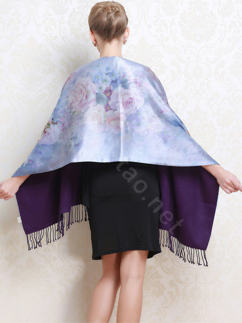 Luxury women autumn and winter warm long 100% mulberry silk flower print scarf shawl wrap - Blue