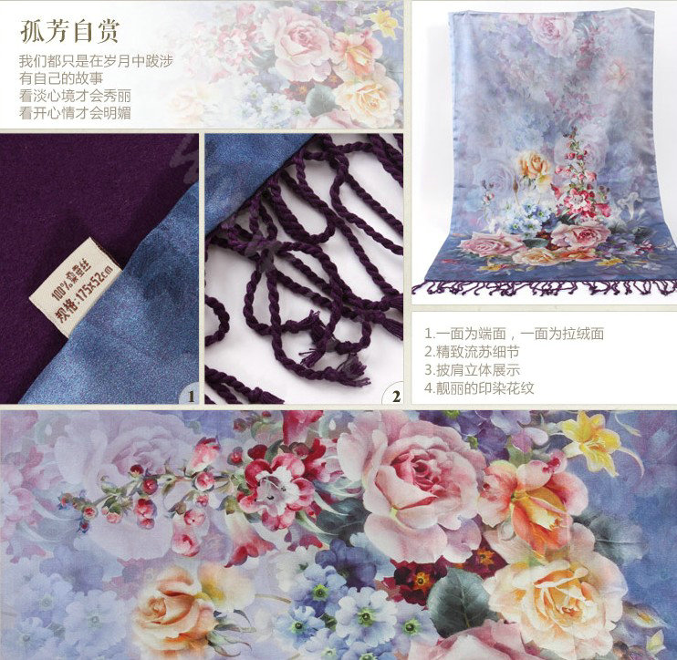 Luxury women autumn and winter warm long 100% mulberry silk flower print scarf shawl wrap - Blue