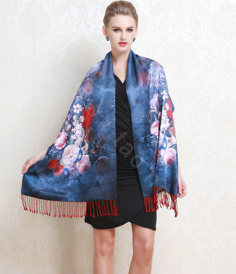 Luxury women autumn and winter warm long 100% mulberry silk flower print scarf shawl wrap - Dark blue