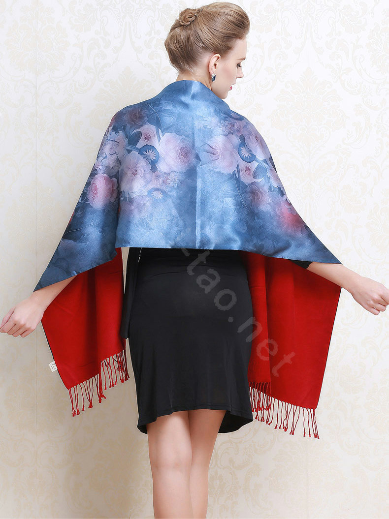 Luxury women autumn and winter warm long 100% mulberry silk flower print scarf shawl wrap - Dark blue