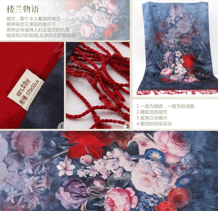 Luxury women autumn and winter warm long 100% mulberry silk flower print scarf shawl wrap - Dark blue