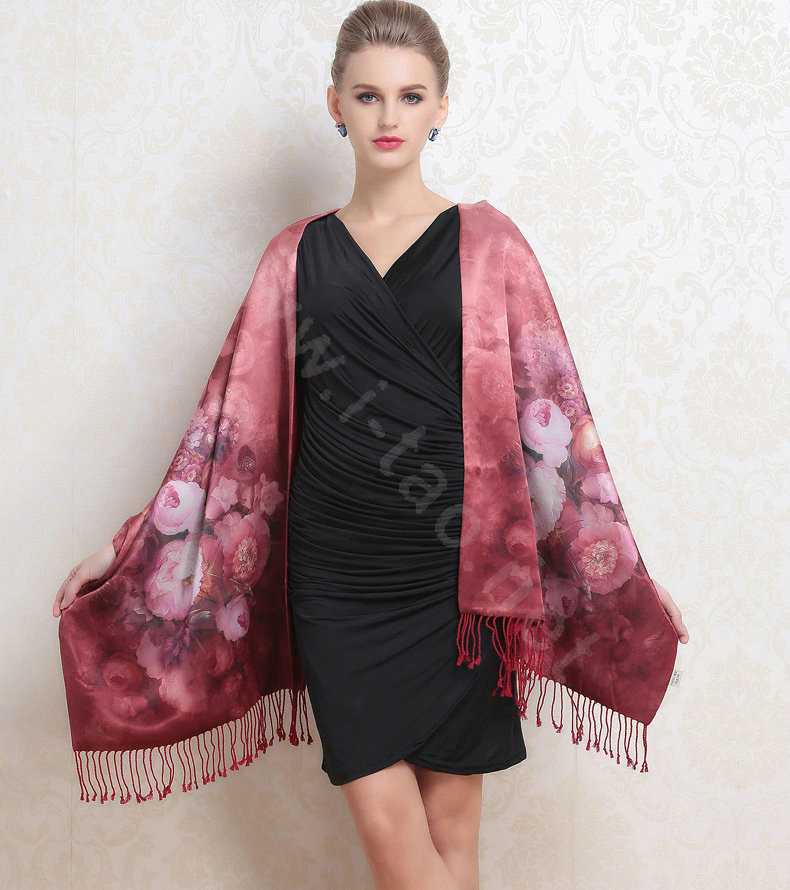 Luxury women autumn and winter warm long 100% mulberry silk flower print scarf shawl wrap - Dark red