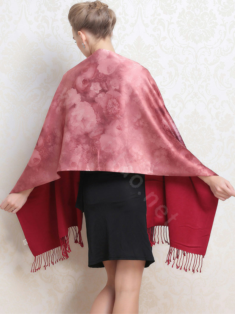 Luxury women autumn and winter warm long 100% mulberry silk flower print scarf shawl wrap - Dark red