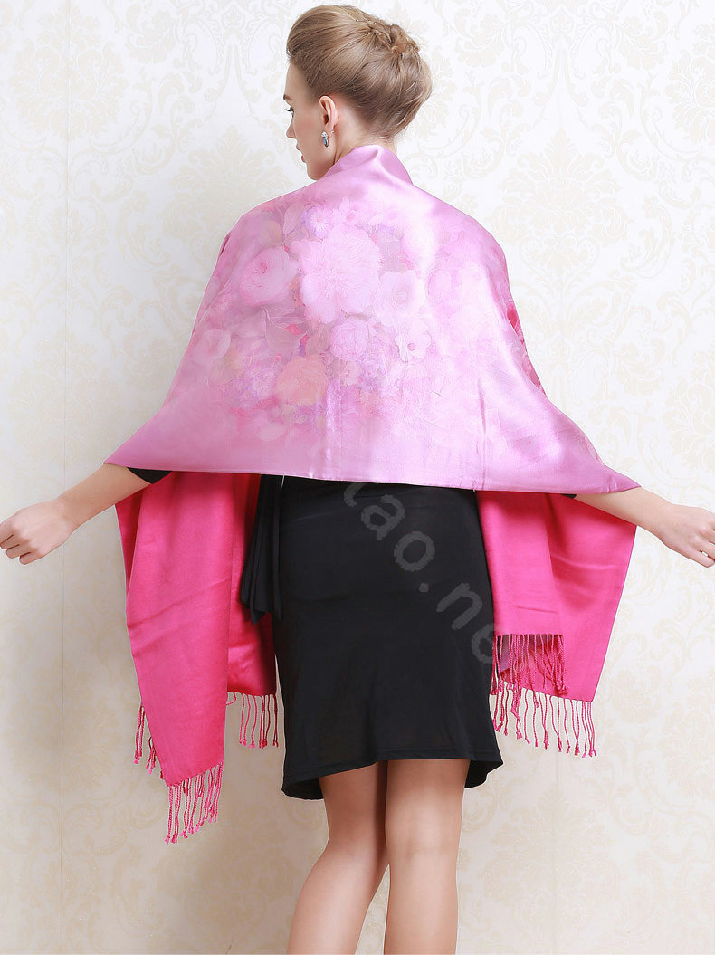 Luxury women autumn and winter warm long 100% mulberry silk flower print scarf shawl wrap - Pink