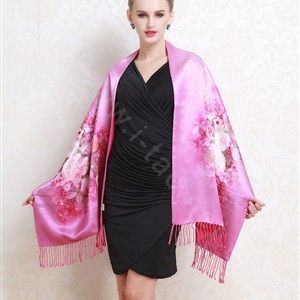 Luxury women autumn and winter warm long 100% mulberry silk flower print scarf shawl wrap - Pink