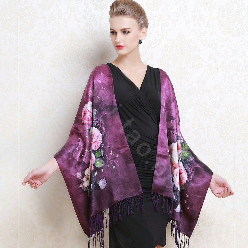 Luxury women autumn and winter warm long 100% mulberry silk flower print scarf shawl wrap - Purple