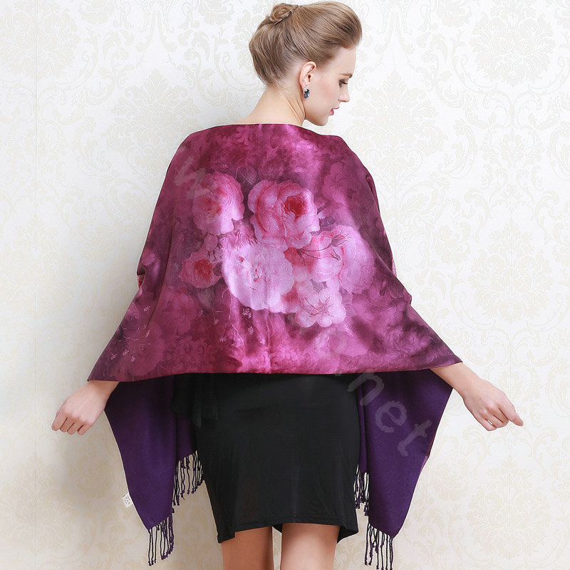 Luxury women autumn and winter warm long 100% mulberry silk flower print scarf shawl wrap - Purple