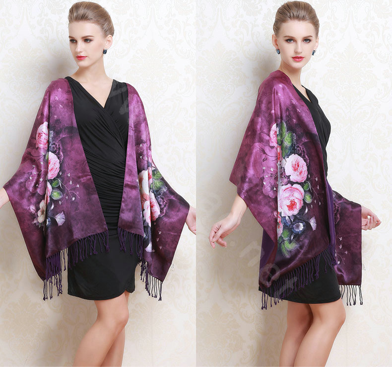 Luxury women autumn and winter warm long 100% mulberry silk flower print scarf shawl wrap - Purple