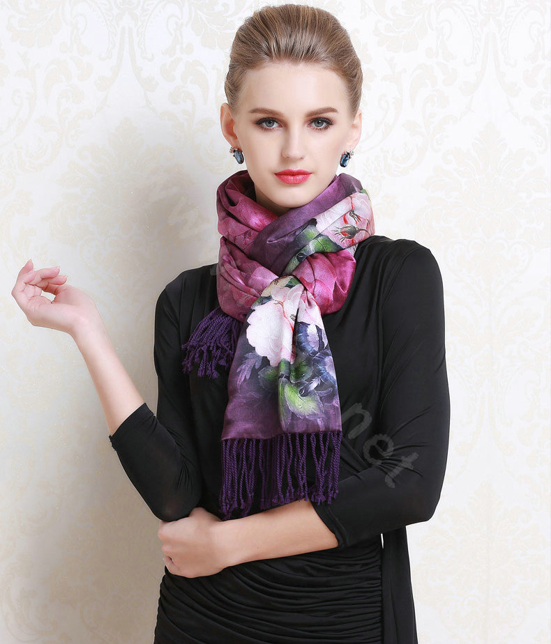 Luxury women autumn and winter warm long 100% mulberry silk flower print scarf shawl wrap - Purple
