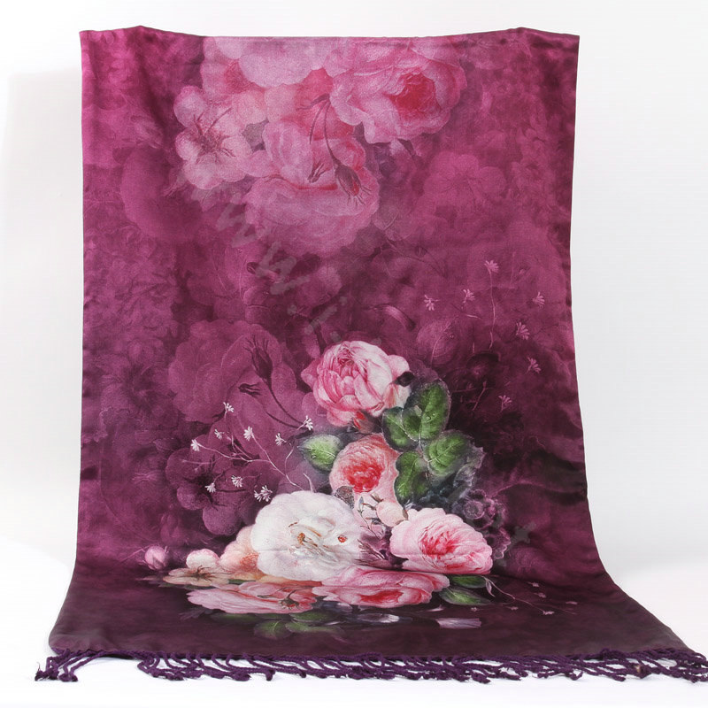 Luxury women autumn and winter warm long 100% mulberry silk flower print scarf shawl wrap - Purple