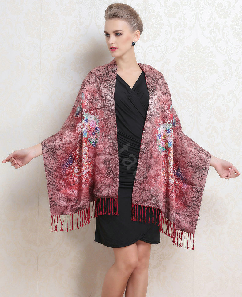 Luxury women autumn and winter warm long 100% mulberry silk flower print scarf shawl wrap - Red