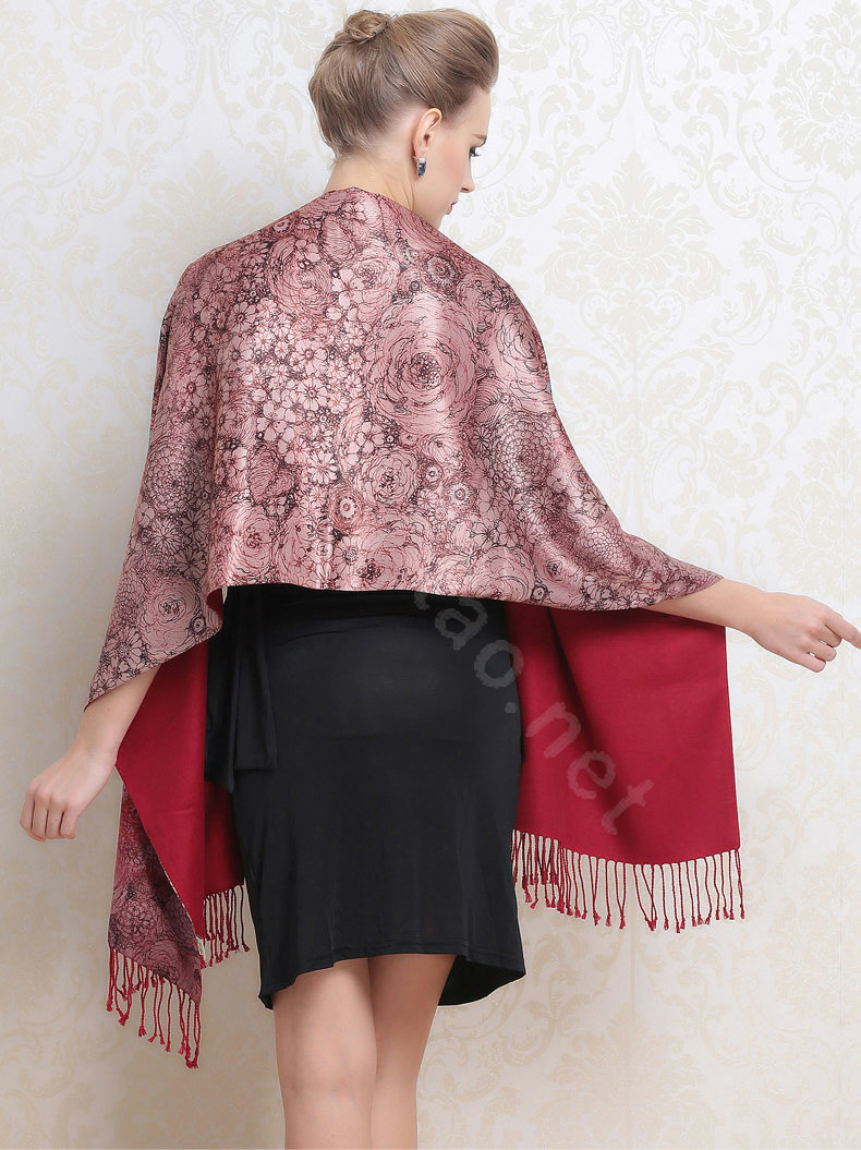 Luxury women autumn and winter warm long 100% mulberry silk flower print scarf shawl wrap - Red