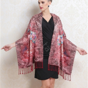Luxury women autumn and winter warm long 100% mulberry silk flower print scarf shawl wrap - Red