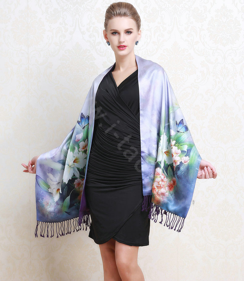 Luxury women autumn and winter warm long 100% mulberry silk flower print scarf shawl wrap - Sky blue