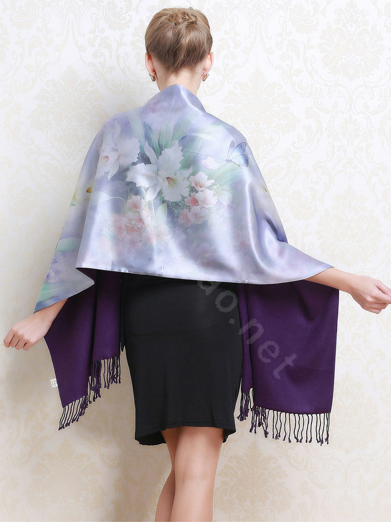 Luxury women autumn and winter warm long 100% mulberry silk flower print scarf shawl wrap - Sky blue