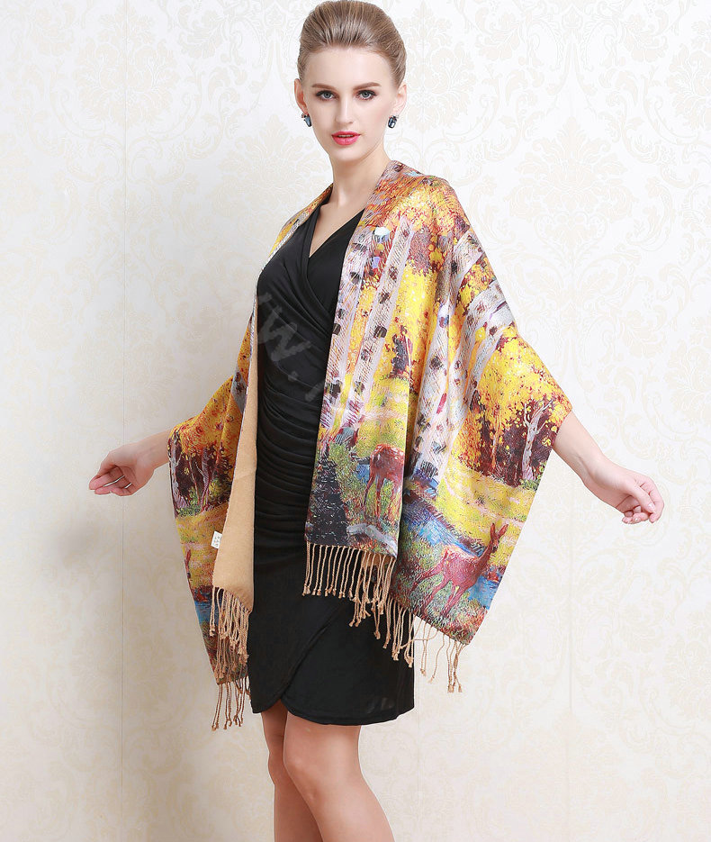 Luxury women autumn and winter warm long 100% mulberry silk flower print scarf shawl wrap - Yellow