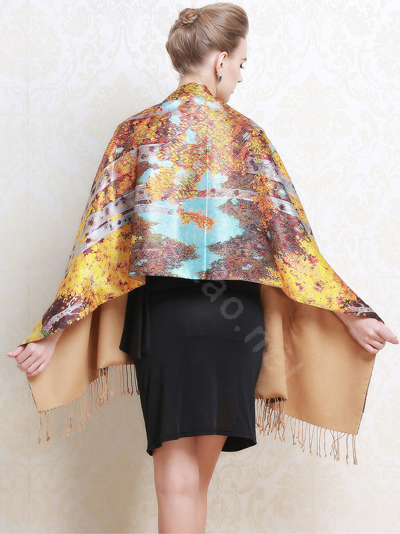 Luxury women autumn and winter warm long 100% mulberry silk flower print scarf shawl wrap - Yellow