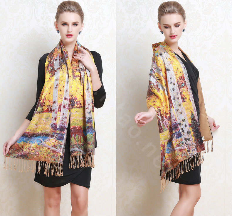 Luxury women autumn and winter warm long 100% mulberry silk flower print scarf shawl wrap - Yellow