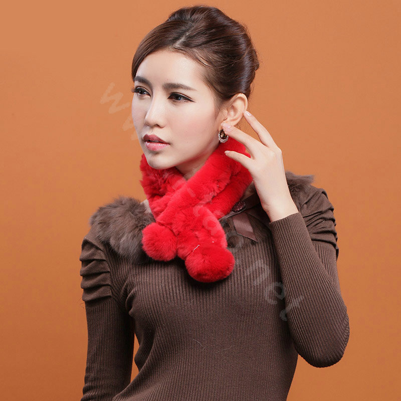 Rex rabbit fur scarf fashion women winter warm scarves female neck wrap - Red