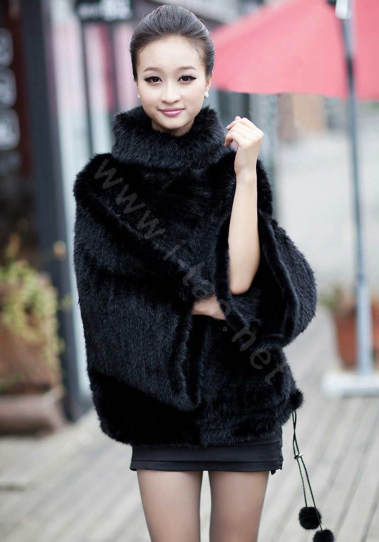 Winter Fashion Women's Genuine Knitting Mink Fur Shawls Wraps Warm tippet capes - Black