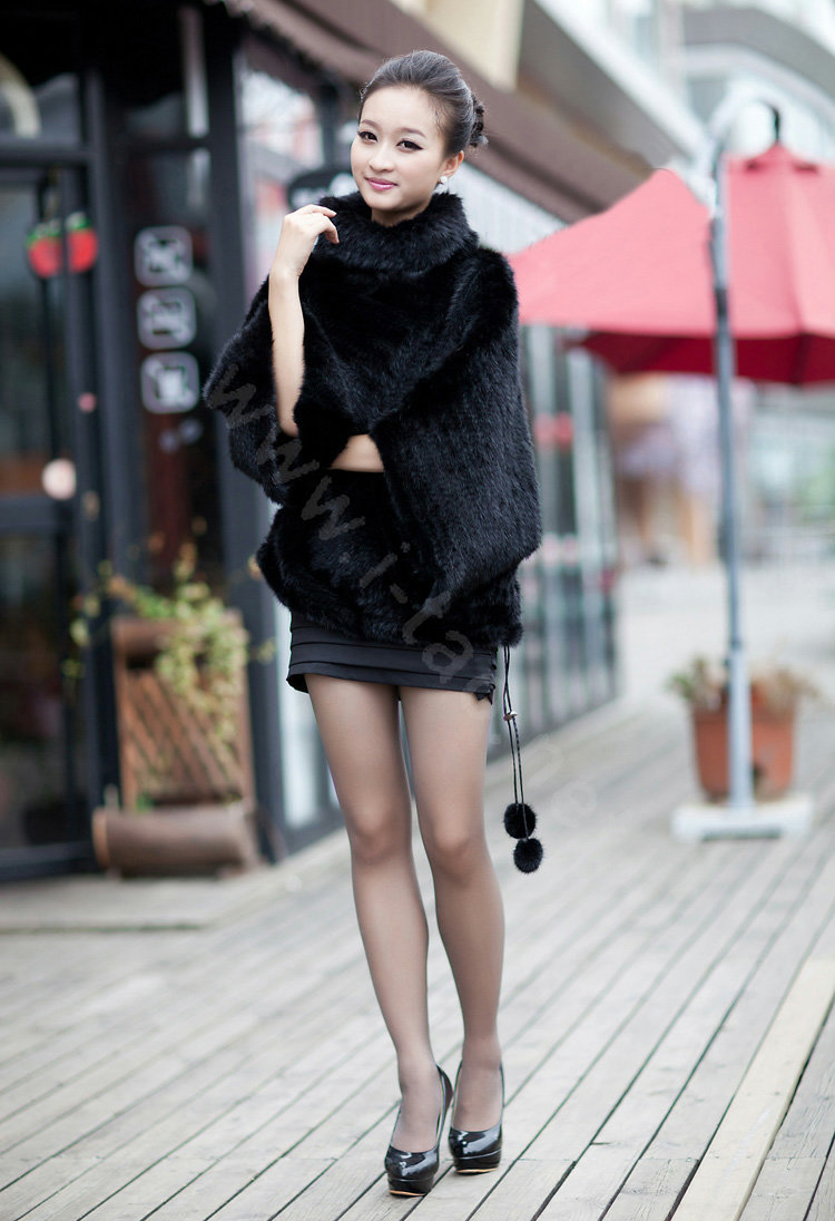 Winter Fashion Women's Genuine Knitting Mink Fur Shawls Wraps Warm tippet capes - Black