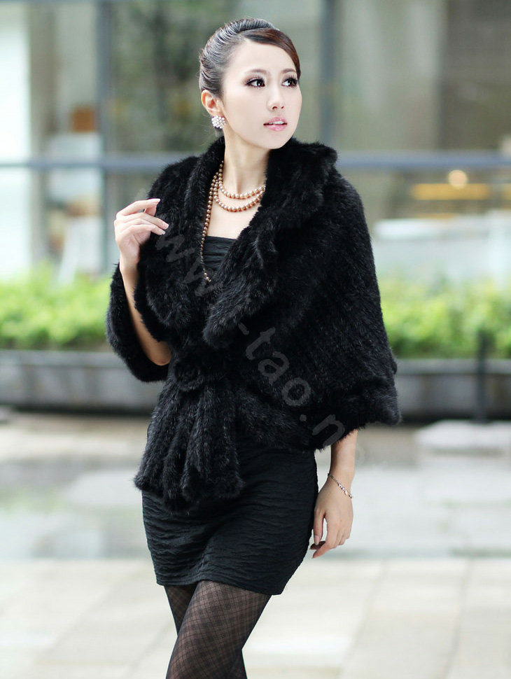 Winter Women's Genuine Knitting Mink Fur Shawls Warm Wraps Female Slim Poncho - Black