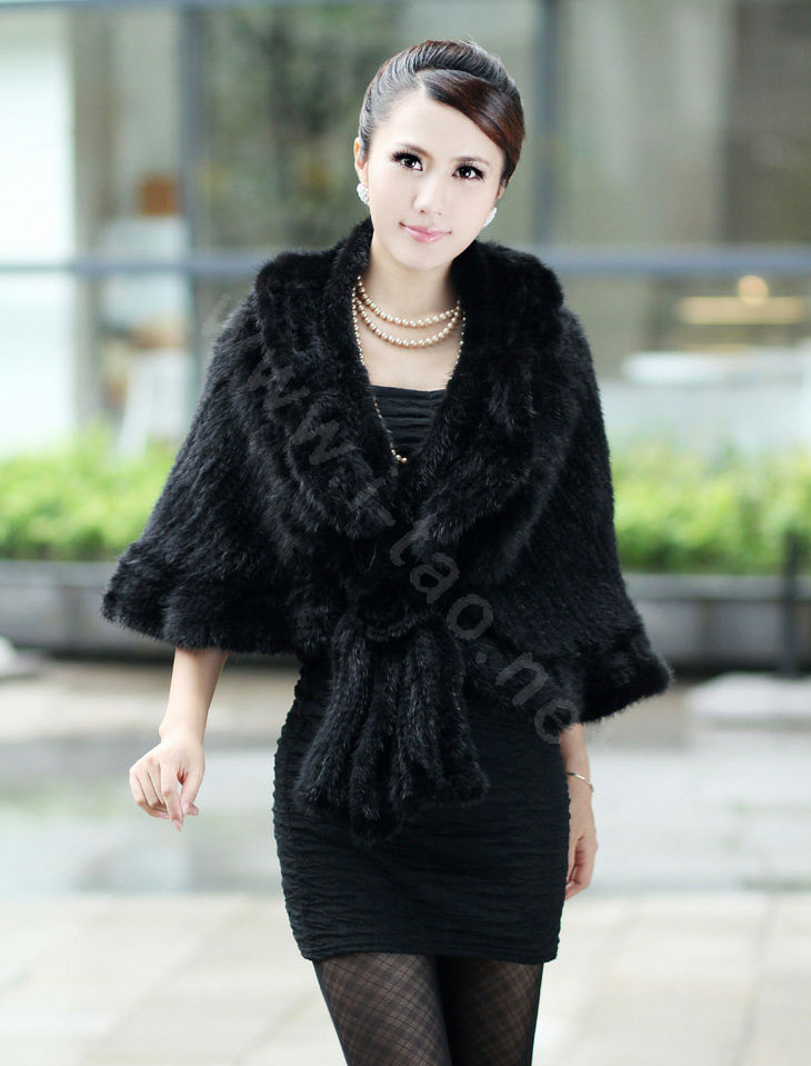 Winter Women's Genuine Knitting Mink Fur Shawls Warm Wraps Female Slim Poncho - Black