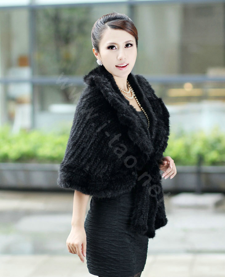 Winter Women's Genuine Knitting Mink Fur Shawls Warm Wraps Female Slim Poncho - Black